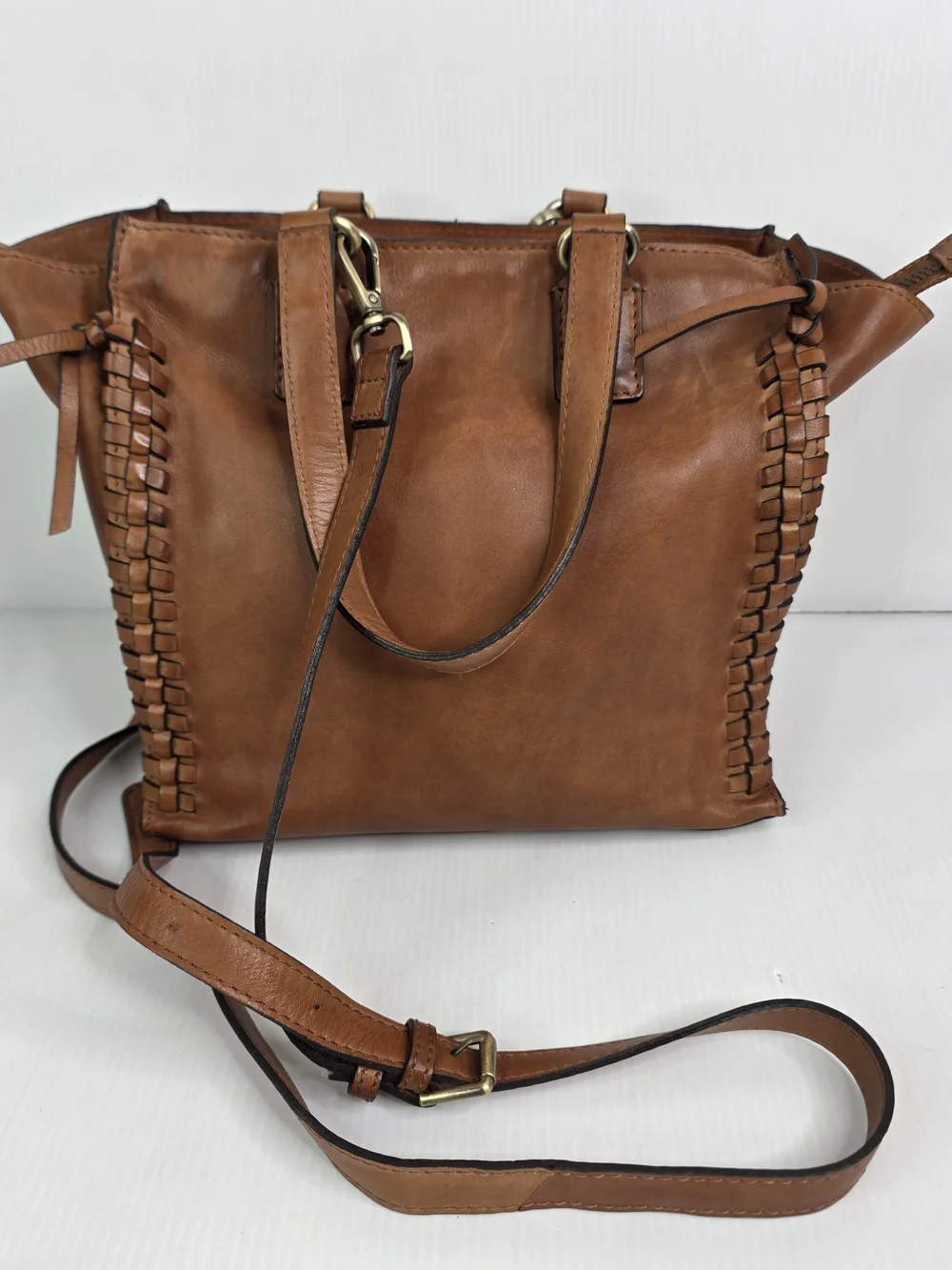 Women's Brown Woven-Trim Leather Crossbody Tote